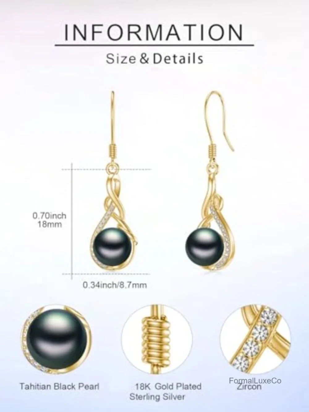 Tahitian Black Pearl Dangle Drop Earrings, 18K White Gold Plated Sterling Silver